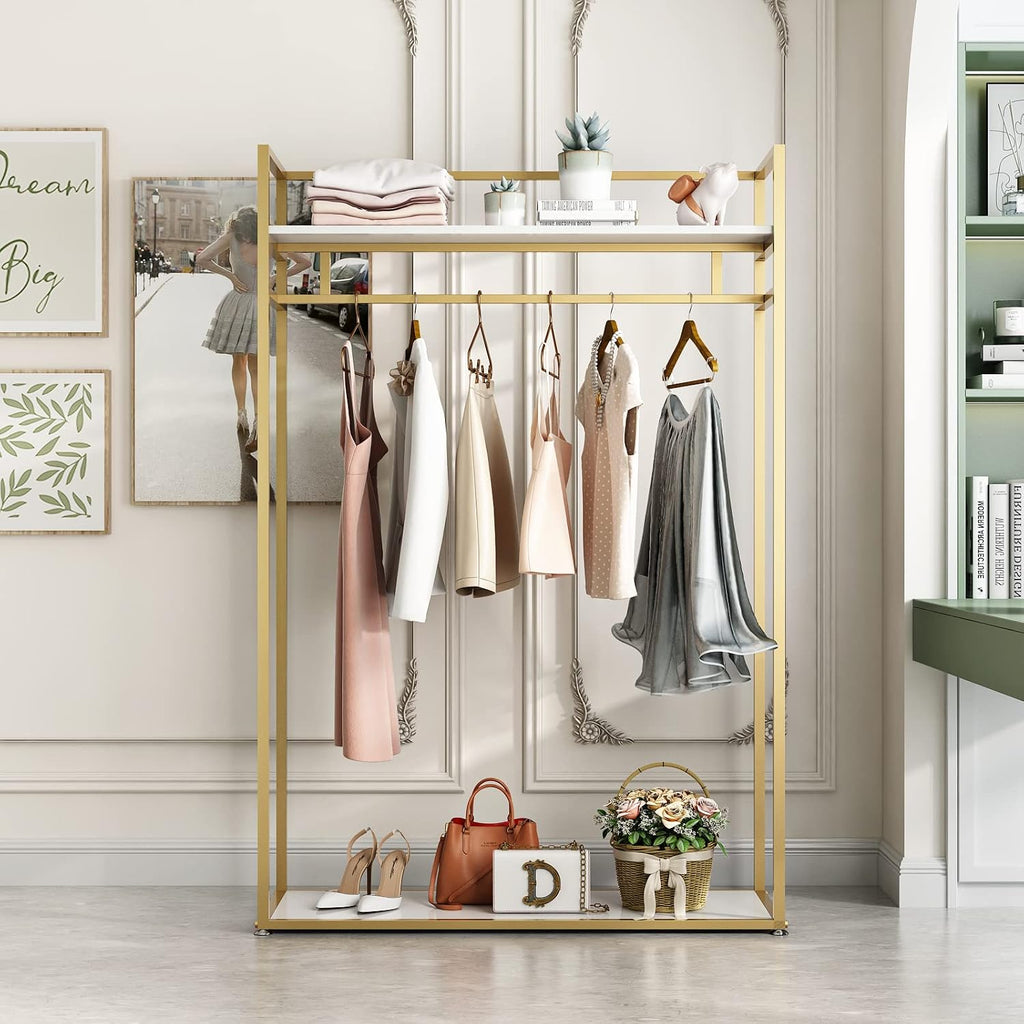 Heavy Duty Clothing Rack with Shelves for Hanging Clothing, Gold Metal Freestanding Garment Rack for Retail Display (47.24' L)