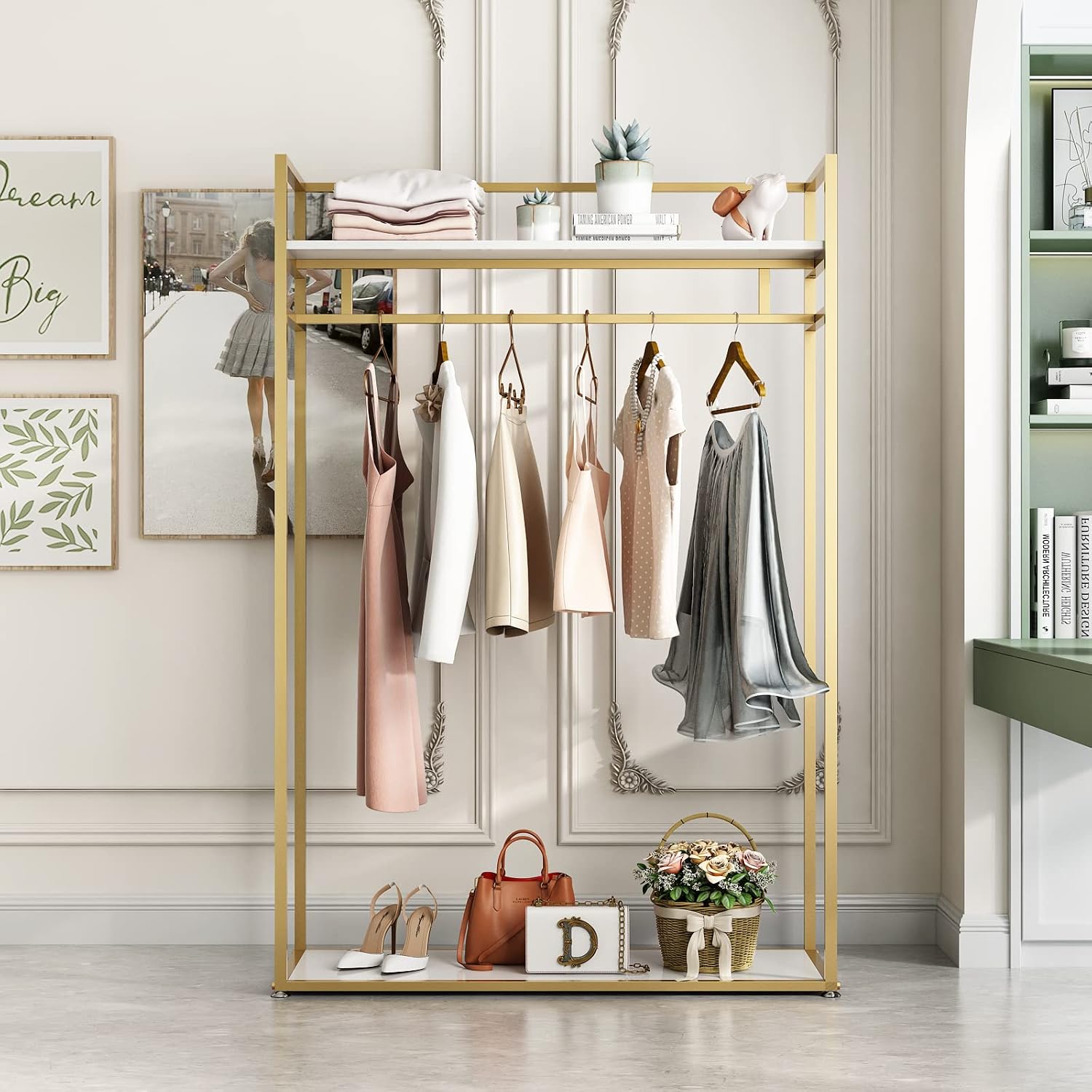 Heavy Duty Clothing Rack with Shelves for Hanging Clothing, Gold Metal Freestanding Garment Rack for Retail Display (47.24' L)