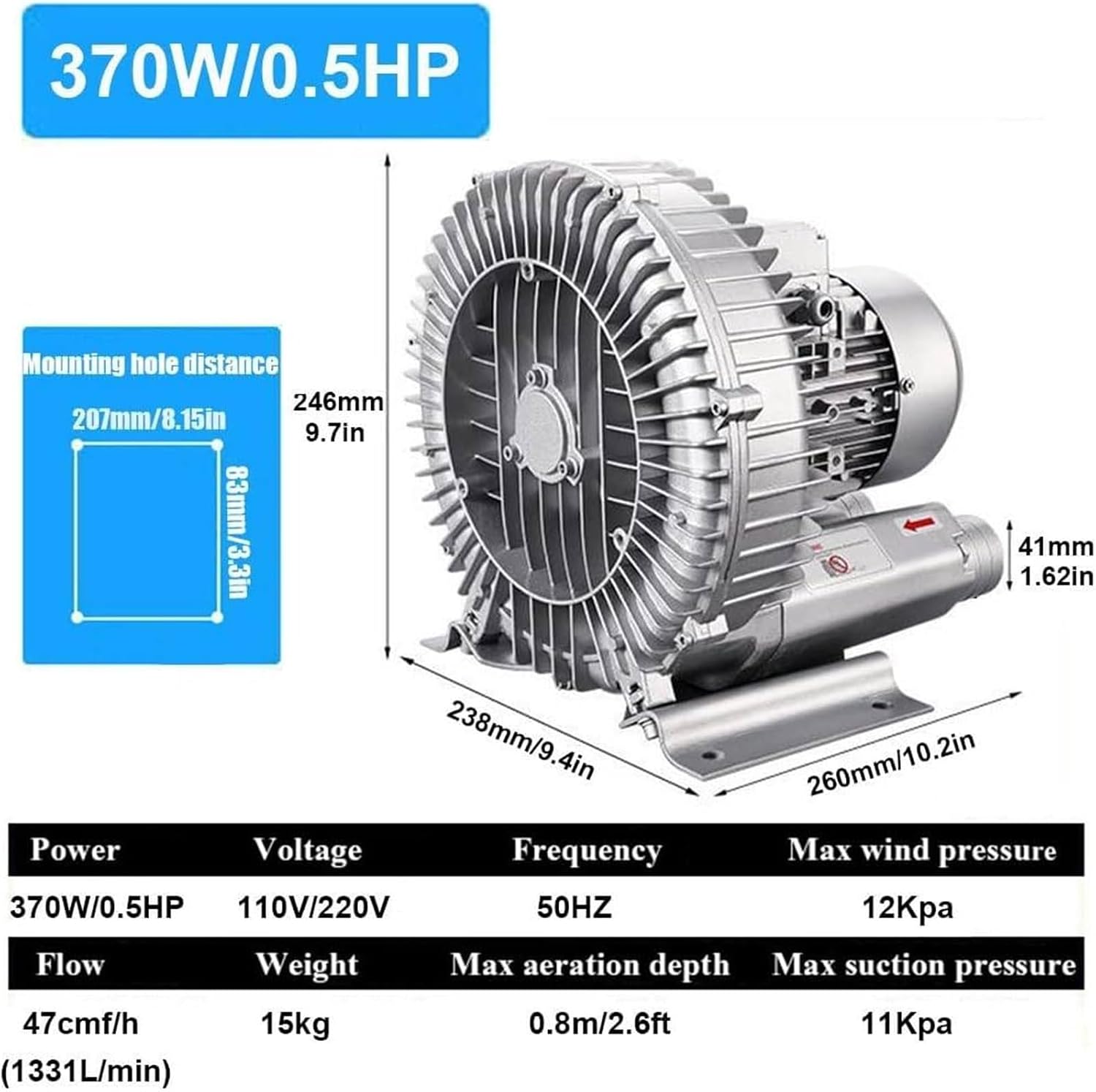 Regenerative Blower 120W 180W 250W 370W 550W 750W 1100W Single Phase Turbine Blower, 110v 60hz High-Pressure Vortex Ring Blower, 50Hz Industrial Vacuum Pump(370W/0.5HP)