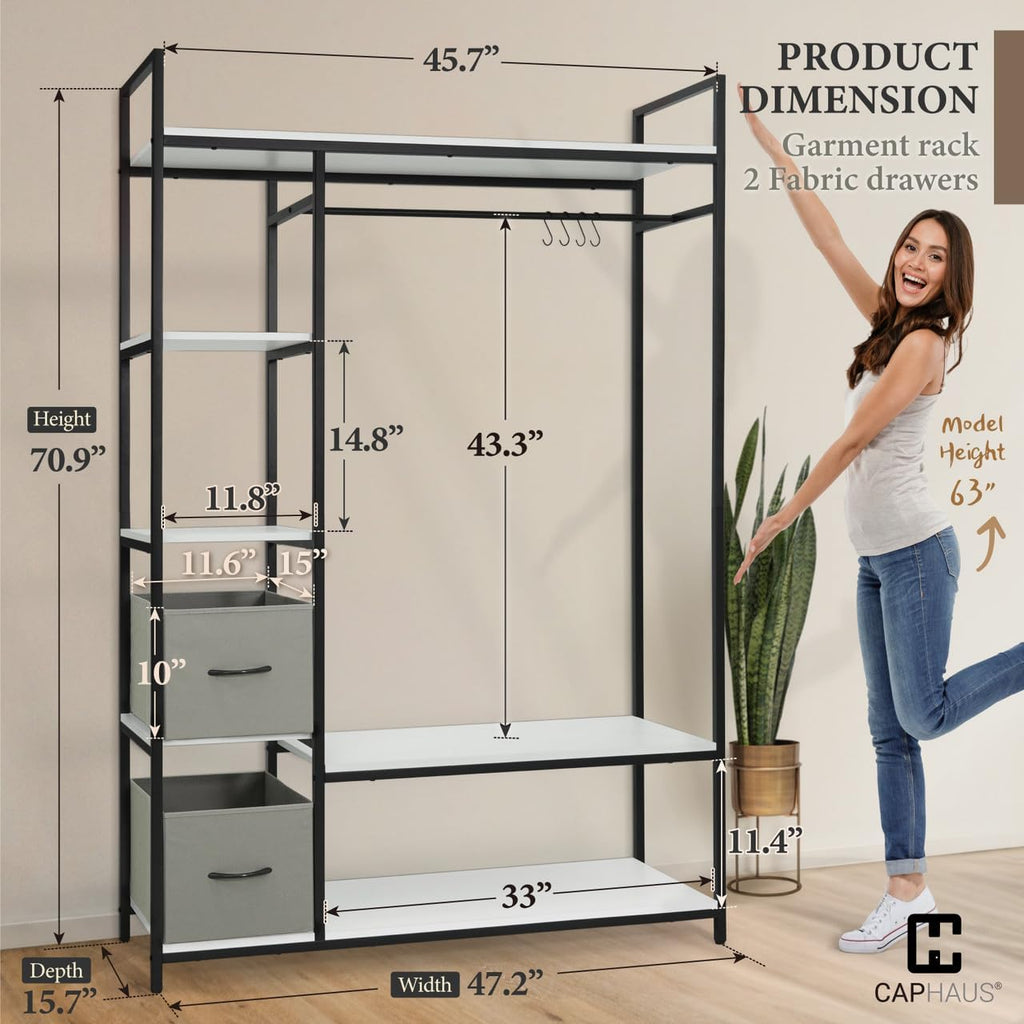 Fencer Wire Heavy Duty 979lbs Freestanding Closet Organizer w/Hanging Rods & Fabric Drawers, Garment Rack, Metal Clothes Rack w/Wood Shelves, Freestanding Closet Wardrobe, Metal Closet, White Board