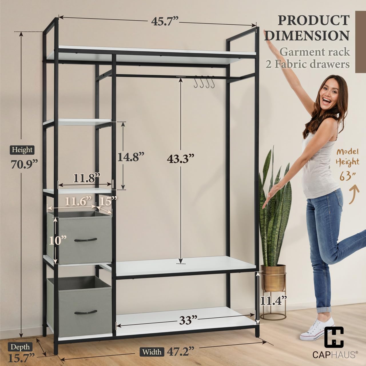 Fencer Wire Heavy Duty 979lbs Freestanding Closet Organizer w/Hanging Rods & Fabric Drawers, Garment Rack, Metal Clothes Rack w/Wood Shelves, Freestanding Closet Wardrobe, Metal Closet, White Board