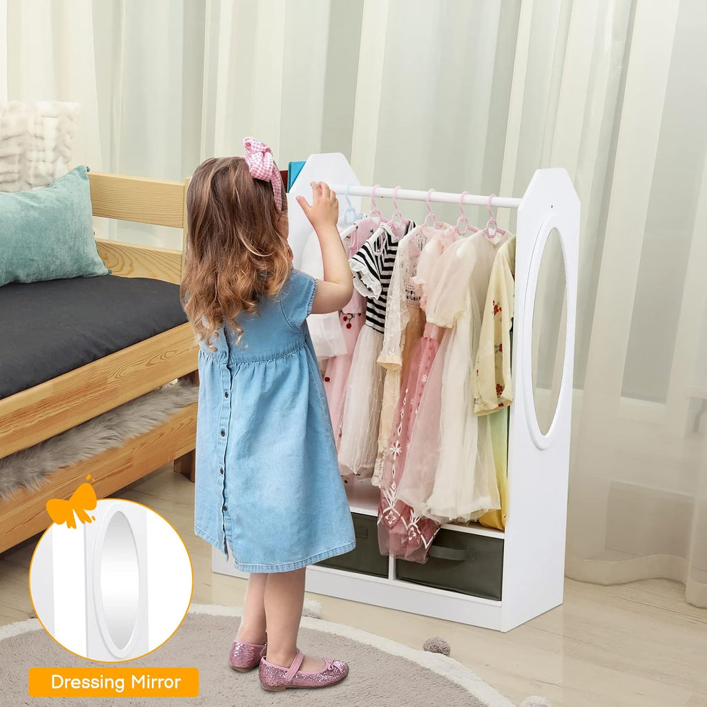 White Clothing Rack with Mirror Small Costume Organizer Storage Dress Up Rack Closet for Baby Clothes, White Dance Costume Garment Rack for Hanging Clothes, Garment Rack for Hanging Clothes Organizer