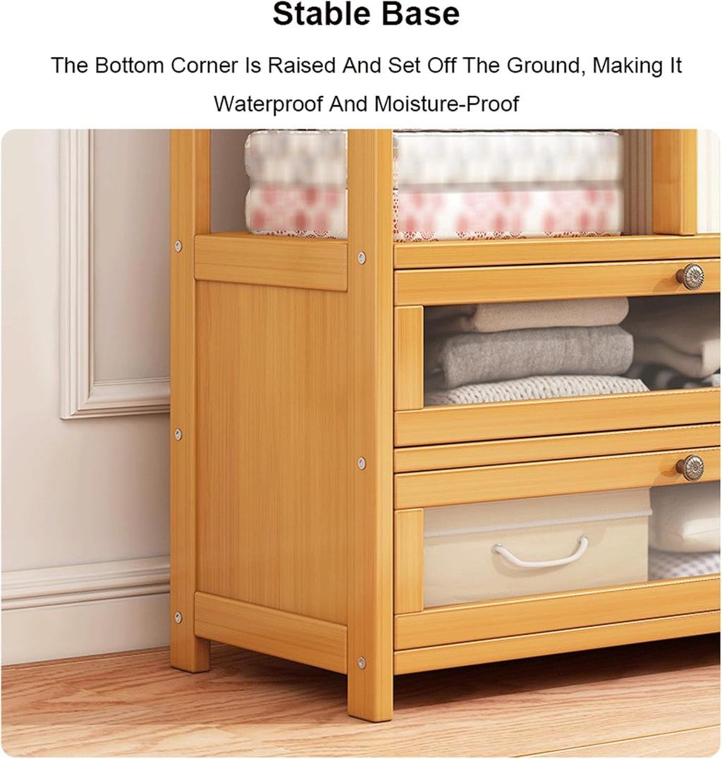 Bamboo Clothes Rack Storage Shelves w/2 Drawers Free Standing Garment Rack w/Side Hooks & Pants Rack Heavy Duty Clothing Hanging Rack for Hall