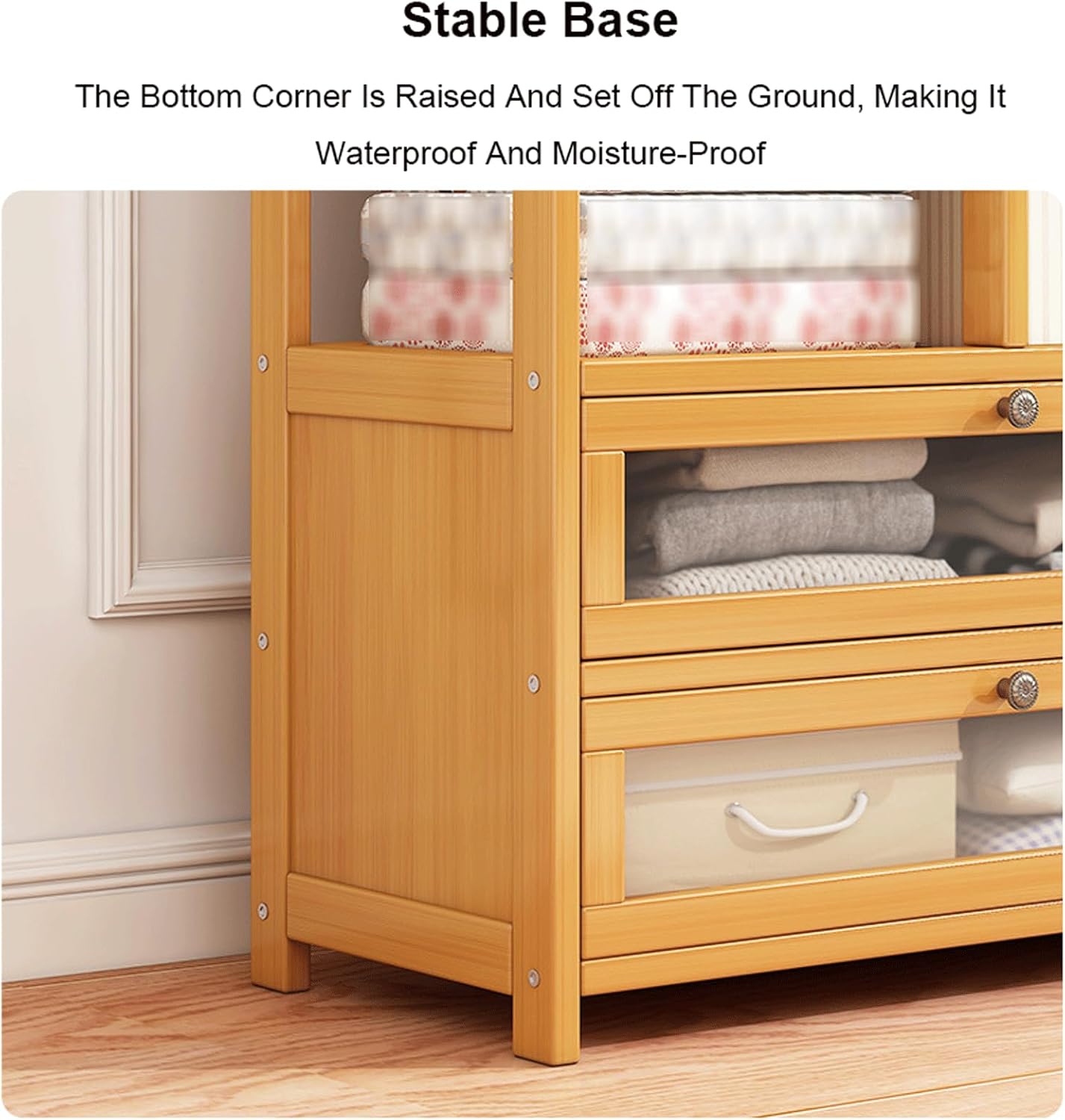 Bamboo Clothes Rack Storage Shelves w/2 Drawers Free Standing Garment Rack w/Side Hooks & Pants Rack Heavy Duty Clothing Hanging Rack for Hall