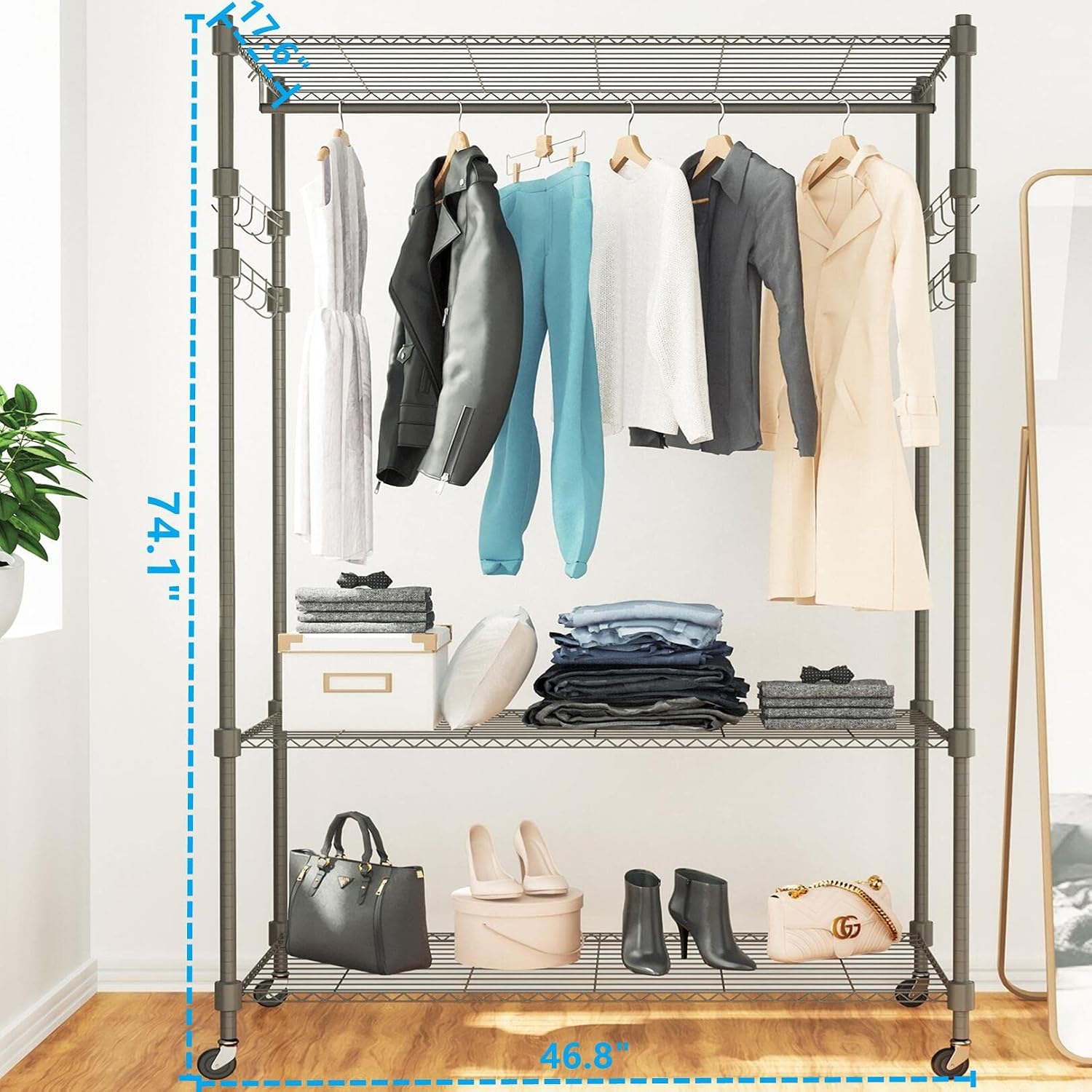 Himimi 3 Tier Wire Shelving Clothes Rack with Wheels, Heavy Duty Rolling Garment Rack with Double Rods, 4 Side Hooks, Freestanding Metal Wardrobe Storage Rack, Grey