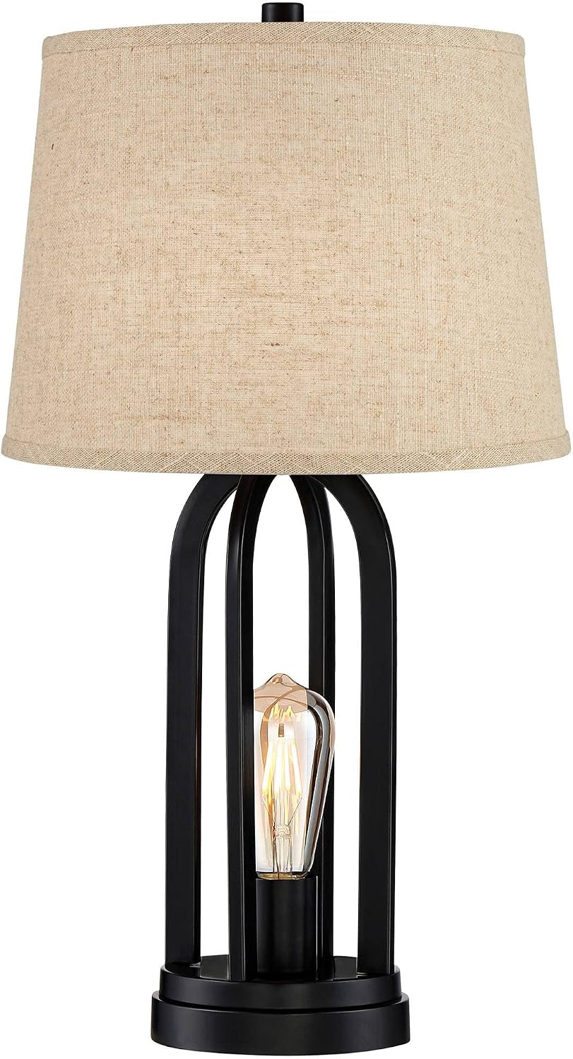 360 Lighting Marcel Industrial Modern Table Lamps 24.25' High Set of 2 with USB Charging Port and Nightlight LED Black Metal Burlap Linen Shade for Living Room Desk Bedroom House Bedside