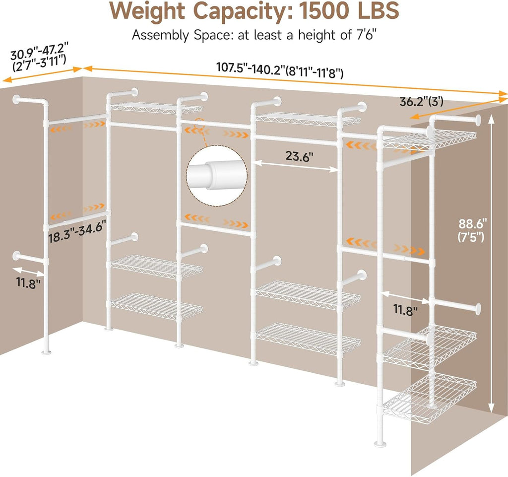 Wall Mounted Garment Rack, Industrial Pipe Clothing Rack, Closet System with 6 Expandable Rods, Walk in Closet Shelving, Clothes Organizers and Storage, Hanging Racks Wardrobe Renovation, White