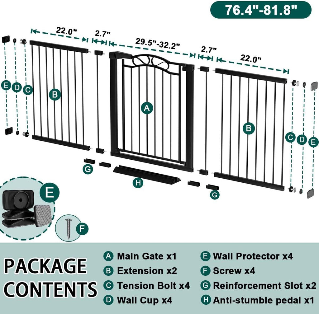 Fairy Baby 76.4'-81.8' Extra Wide Baby Gate for Stairs Doorways, Pressure Mount Pet Gate Auto Close Safety Child Gate, Long Large Dog Gate Indoor for House, 77 78 79 80 81 Inches Wide, Black