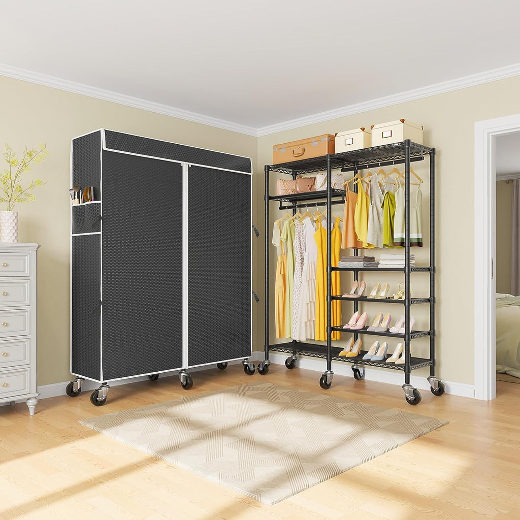 VIPEK R4C Portable Closet Rolling Clothes Rack Heavy Duty Adjustable Wardrobe Metal Garment With Lockable Wheels, Black Clothing With Upgraded Polyester Cover, Max Load 620lbs