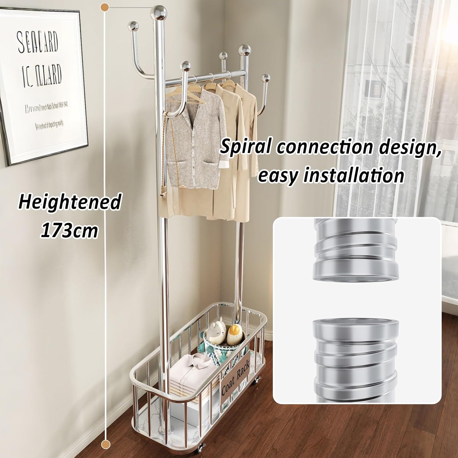 Heavy Duty Rolling Clothes Rack, Clothing Rack with Wheels, Garment Racks for Hanging Clothes, Wardrobe Racks for Bedroom Laundry Living Room(Gold,80cm/31.5in)