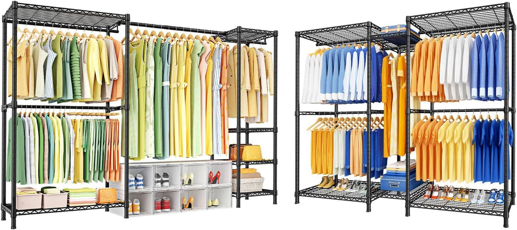 Ulif E10 and E12 Clothes Rack（With Stretchable Hanger Rod）, Heavy Duty Freestanding Garment Rack with Shelves，Metal Clothing Closet Storage System for Hanging Clothes