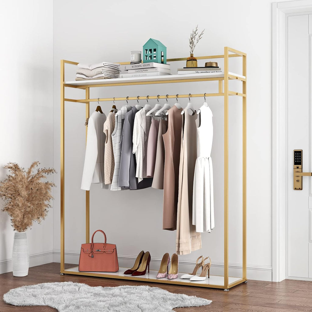 Heavy Duty Gold Clothing Rack with Shelves for Hanging Clothing, Gold Metal Freestanding Garment Rack for Retail Display (59' L)