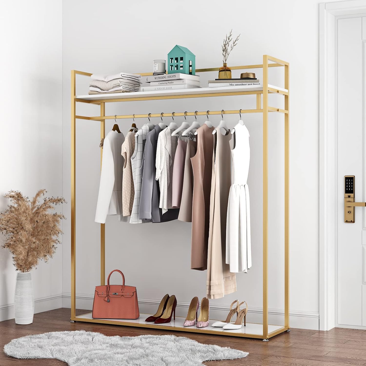 Heavy Duty Gold Clothing Rack with Shelves for Hanging Clothing, Gold Metal Freestanding Garment Rack for Retail Display (59' L)