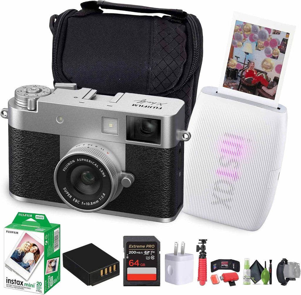 FUJIFILM X Half Premium Compact Digital Camera (Silver) Bundle with Fuji Link 3 Smartphone Printer (Clay White) + Instax Mini Film + 64GB Memory Card + Flexible Tripod + Cleaning Kit + More