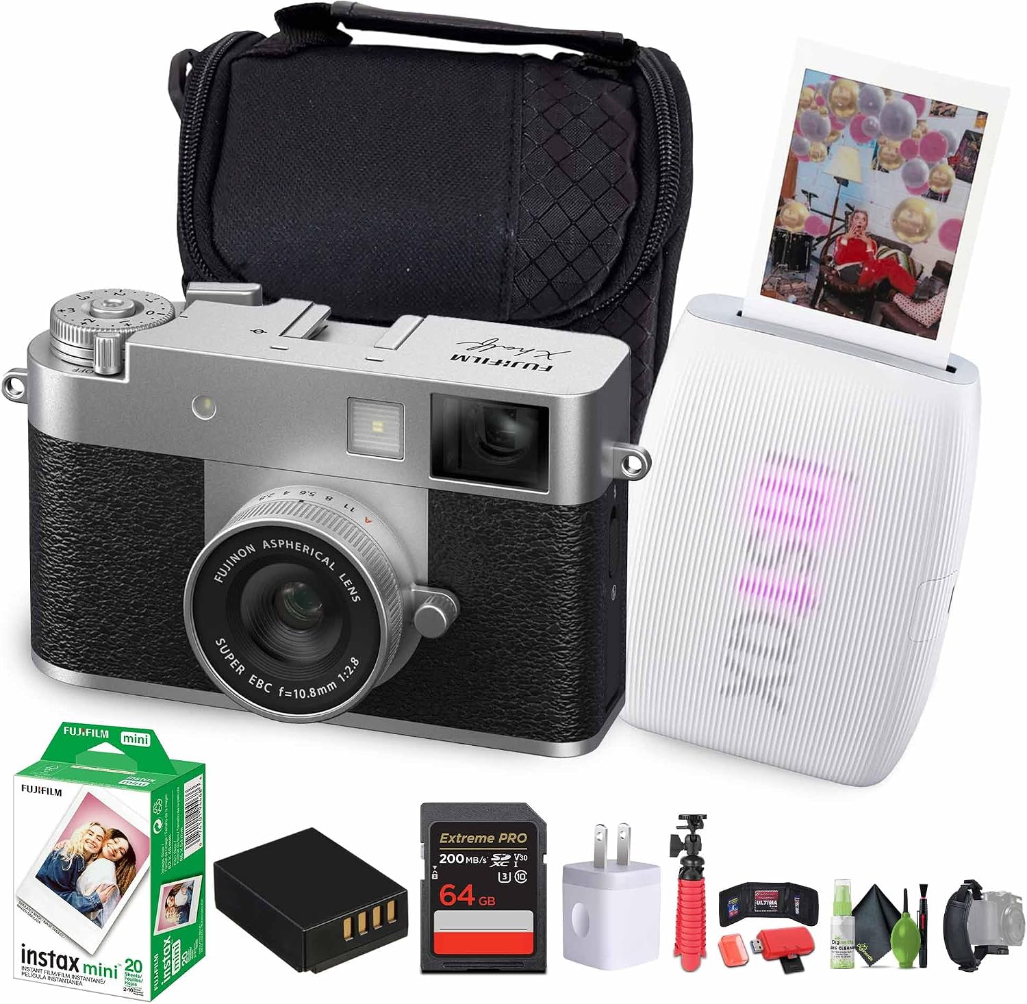 FUJIFILM X Half Premium Compact Digital Camera (Silver) Bundle with Fuji Link 3 Smartphone Printer (Clay White) + Instax Mini Film + 64GB Memory Card + Flexible Tripod + Cleaning Kit + More