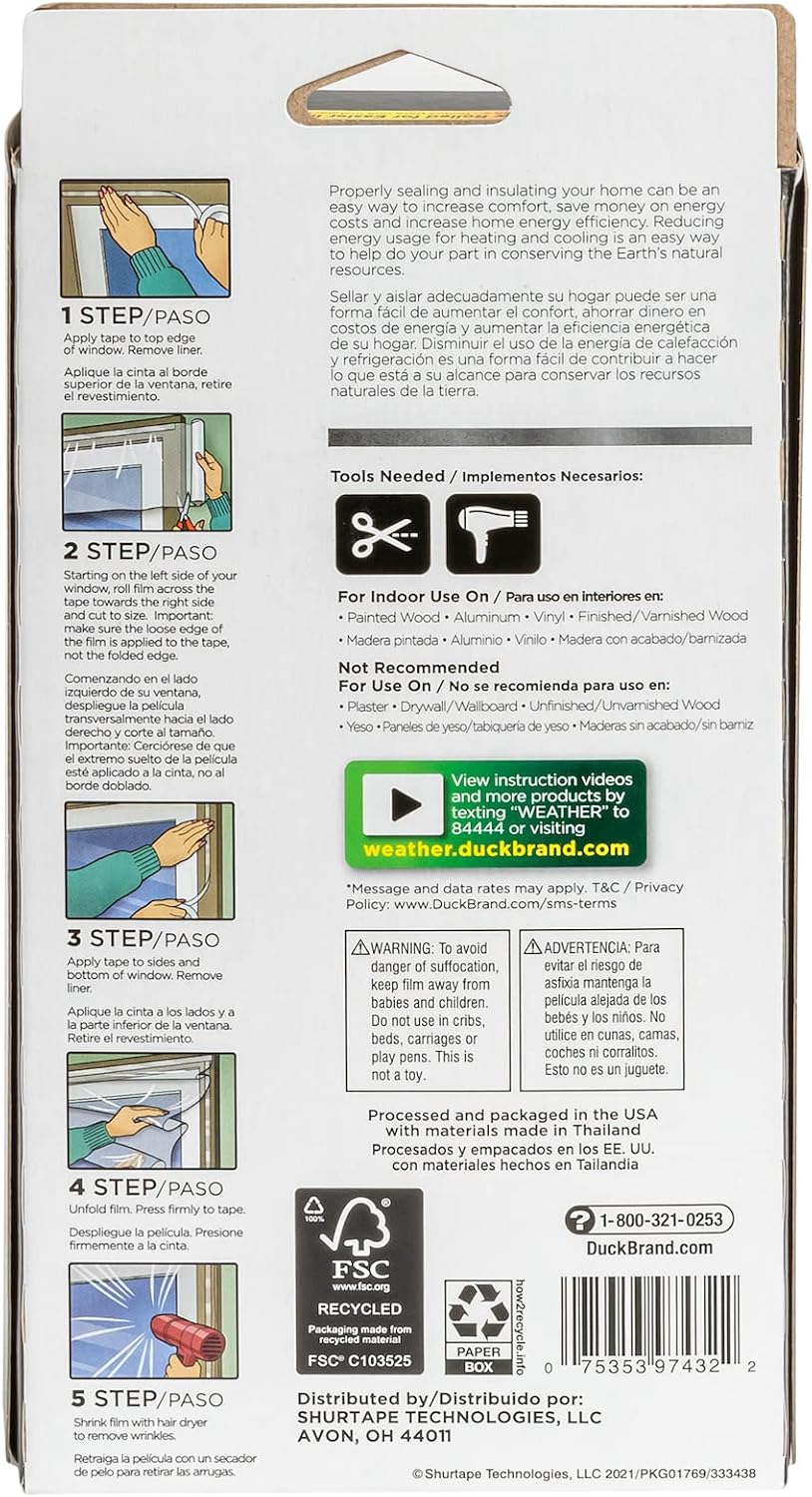 Duck MAX Strength Window Insulation Kit, Winter Window Seal Kit Fits up to 5 Windows, Heavy Duty Shrink Film Cuts to Size for Easy Indoor Installation, Window Tape Included,62 in. x 210 in., Clear