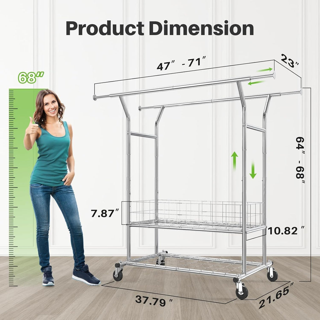 HOKEEPER Clothing Rack Heavy Duty Clothes Rack for Hanging Clothes Adjustable Clothes Rack with Metal Basket, Commercial Double Rod Garment Rack with Wheels for Bed Room Living Room Laundry