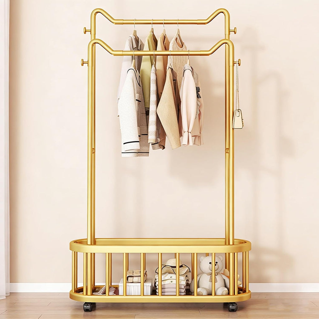 Gold clothes rack with Storage Shelf & Wheels – Double Rod Freestanding Garment Rack with Hooks，Portable Coat storage rack for Bedroom, Living Room(100cm/39.4in)