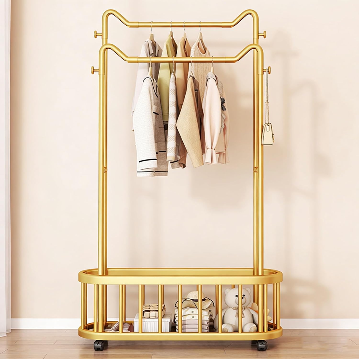 Gold clothes rack with Storage Shelf & Wheels – Double Rod Freestanding Garment Rack with Hooks，Portable Coat storage rack for Bedroom, Living Room(80cm/31.5in)