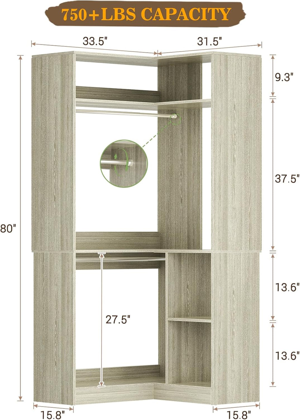 Aheaplus Corner Closet System with Shelves, 34'' Closet Organizer System with Hanging Rods, Wood Walk-in Closets for Corner Small Space,Freestanding Corner Tower, L Shaped Garment Rack, White Oak