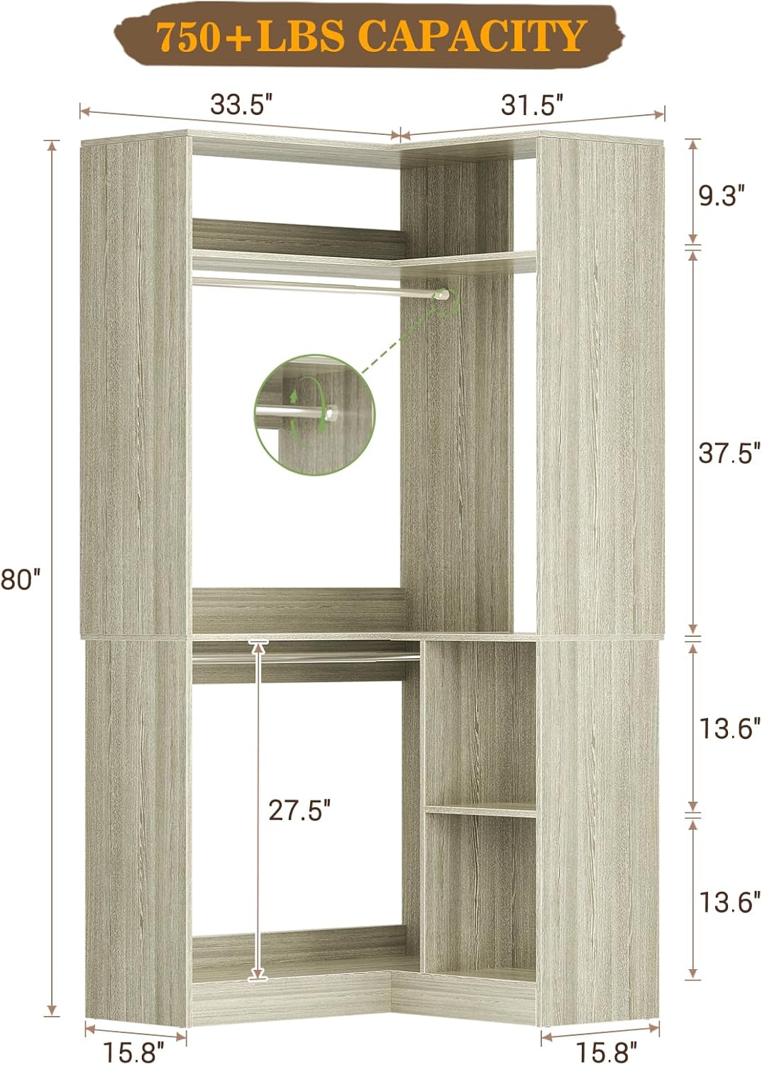 Aheaplus Corner Closet System with Shelves, 34'' Closet Organizer System with Hanging Rods, Wood Walk-in Closets for Corner Small Space,Freestanding Corner Tower, L Shaped Garment Rack, White Oak