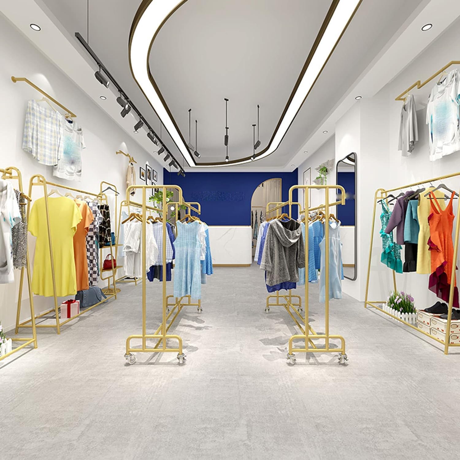 Industrial Pipe Clothing Store Heavy Duty Garment Racks with Wheel,Floor-Standing Garment Display Stand Double Rail Retail Clothing Rack,Commercial Metal Garment Rack for Hanging Clothes (Gold L100*