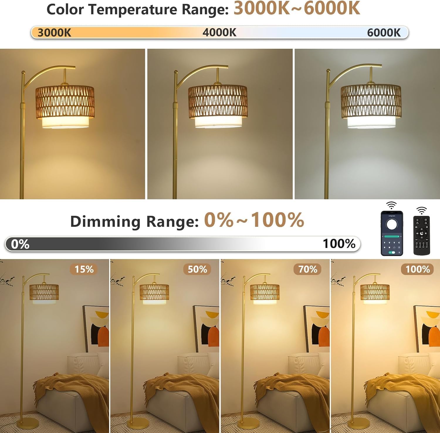 Gold Floor Lamps for Living Room with Remote Dimmable LED Bulb, Arc Floor Lamp with 3 Color Temperatures, Boho Standing Lamp with Rattan Fabric Shades, Adjustable Tall Lamp for Bedroom