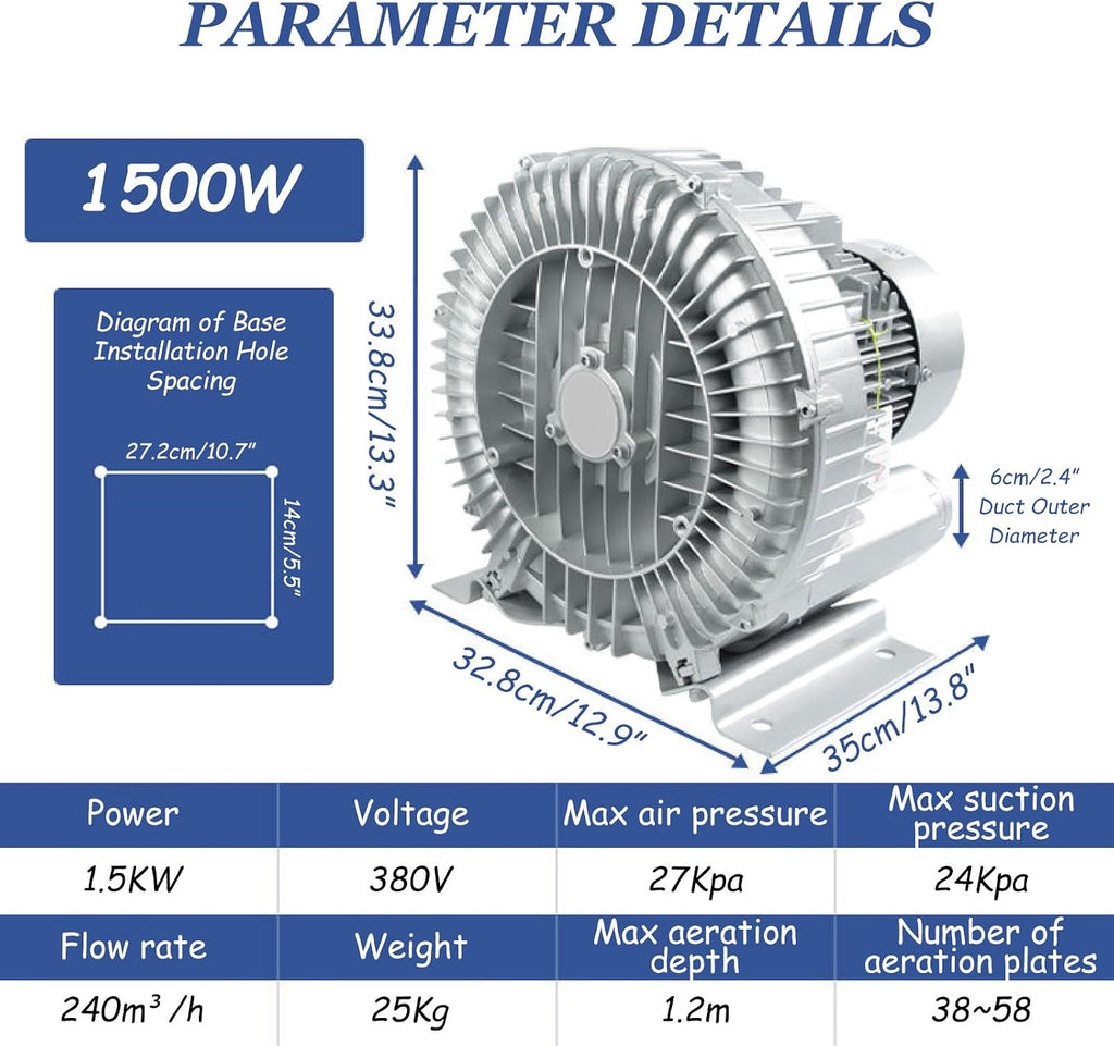 370-1500W 220V Three Phase Regenerative Blower - Industrial Vortex Ring Vacuum Pump for Air Blowing & Suction, Powerful 1.5KW Three Turbine Blower, Efficient Performance