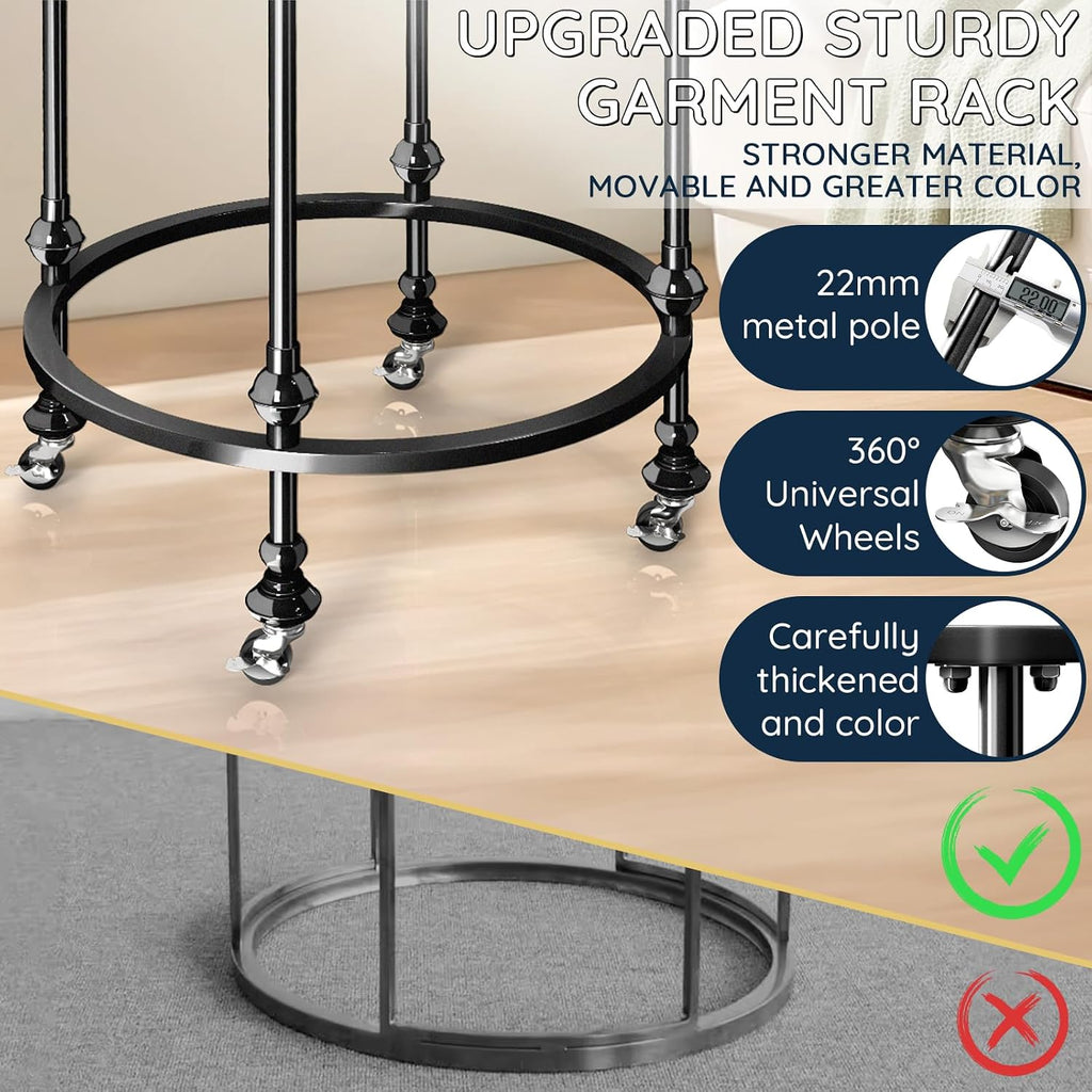 Rolling Round Garment Rack, Freestanding Double Space Multi-Purpose Retail Clothing Rack with Wheels and Topper, Heavy Duty Commercial Clothing Organizer for Retail Boutique Bedroom (Black)