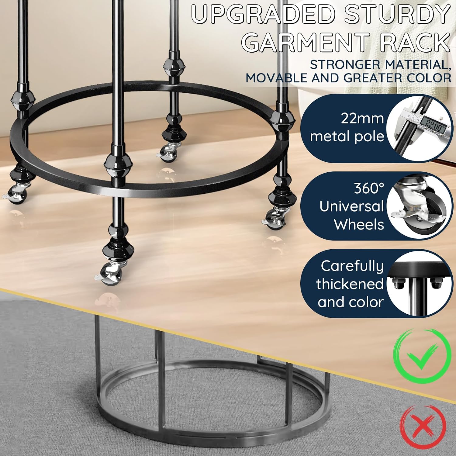 Rolling Round Garment Rack, Freestanding Double Space Multi-Purpose Retail Clothing Rack with Wheels and Topper, Heavy Duty Commercial Clothing Organizer for Retail Boutique Bedroom (Black)