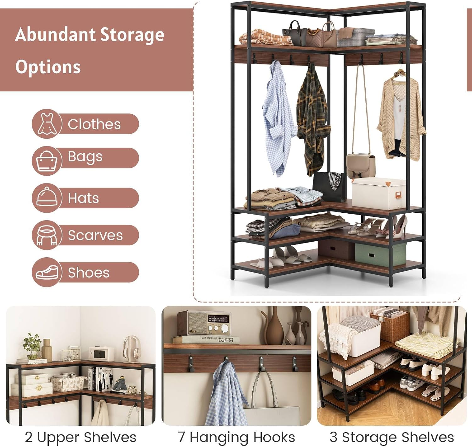 Multigot L-shaped Clothes Rack, Freestanding Corner Garment Rack Hall Tree with Shoe Storage Bench, Shelves and 7 Hooks, Metal Frame Coat Rack Stand Closet Storage Organizer (Walnut+Black)