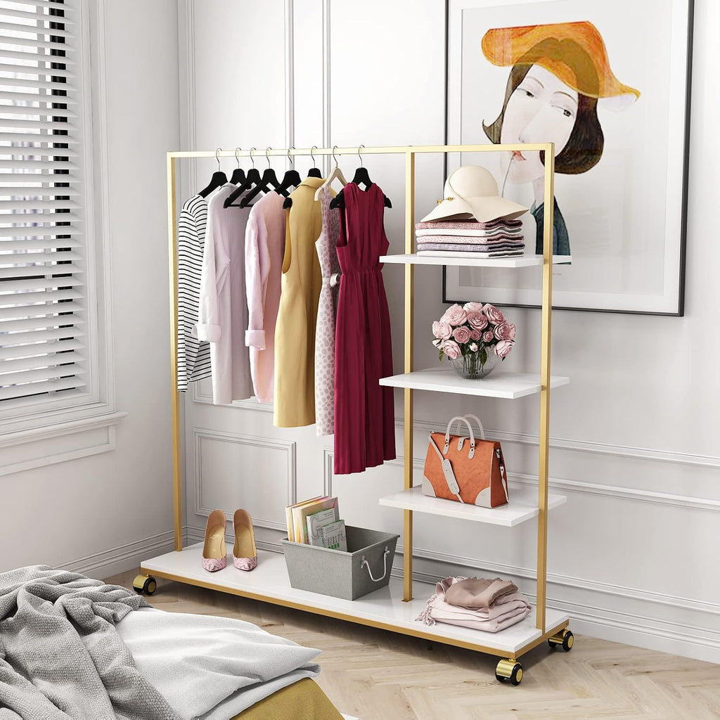 Metal Gold Clothing Rack for Boutique Use, Heavy Duty Garment Rack with Shelves for Retail Display (59L inches)