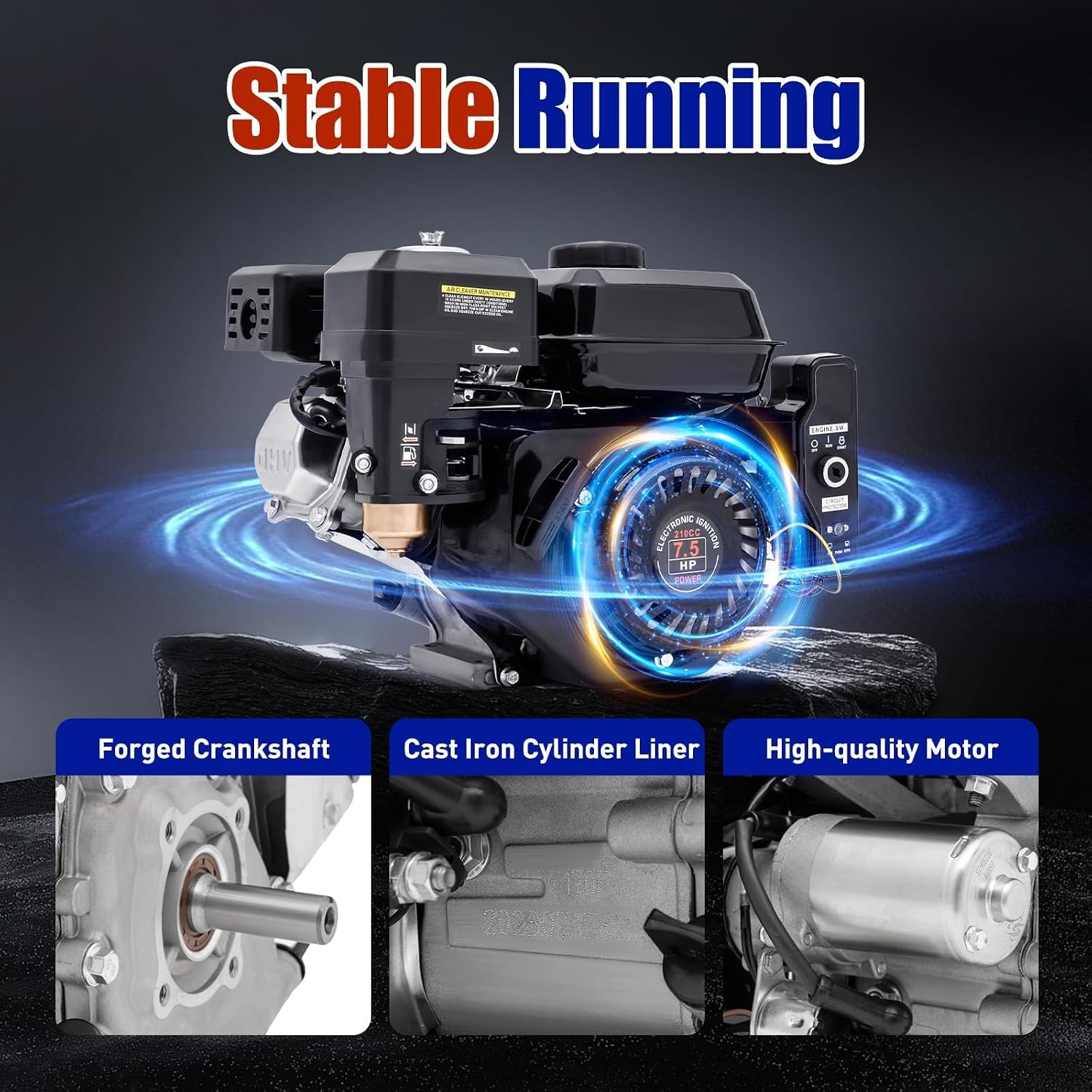 210cc 7.5Hp Gas Engine,4-Stroke Gas Motor Electric Start Go Kart Gas Engine Industrial Grade OHV Gasoline Engine for Compressor Scarifier Lawn Mower (4Stroke 7.5Hp Black)