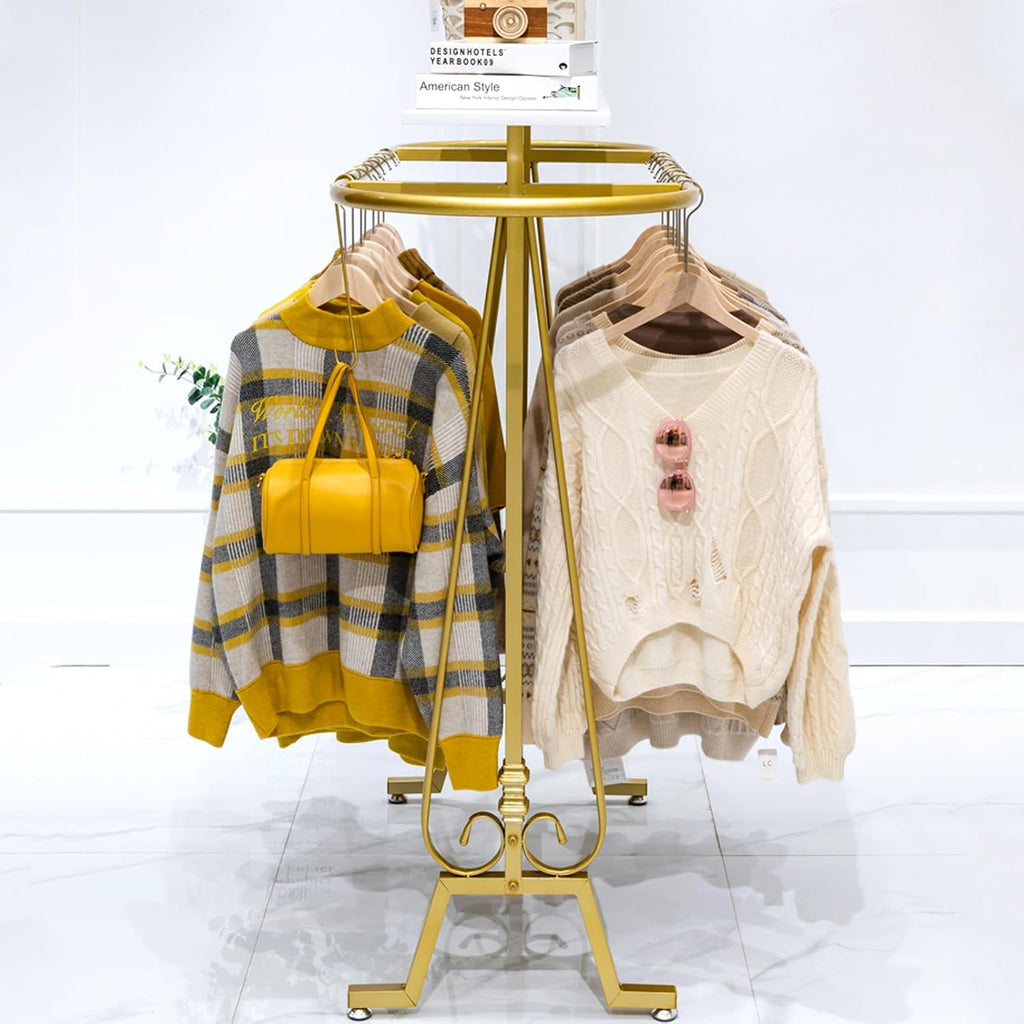 Round Clothing Rack, Commercial Floor Standing Clothes Hanging Rack, Oval Iron Clothing Hanging Rack, for Bedrooms Hanging Apparel, Boutiques Display, Laundry Room (Gold)