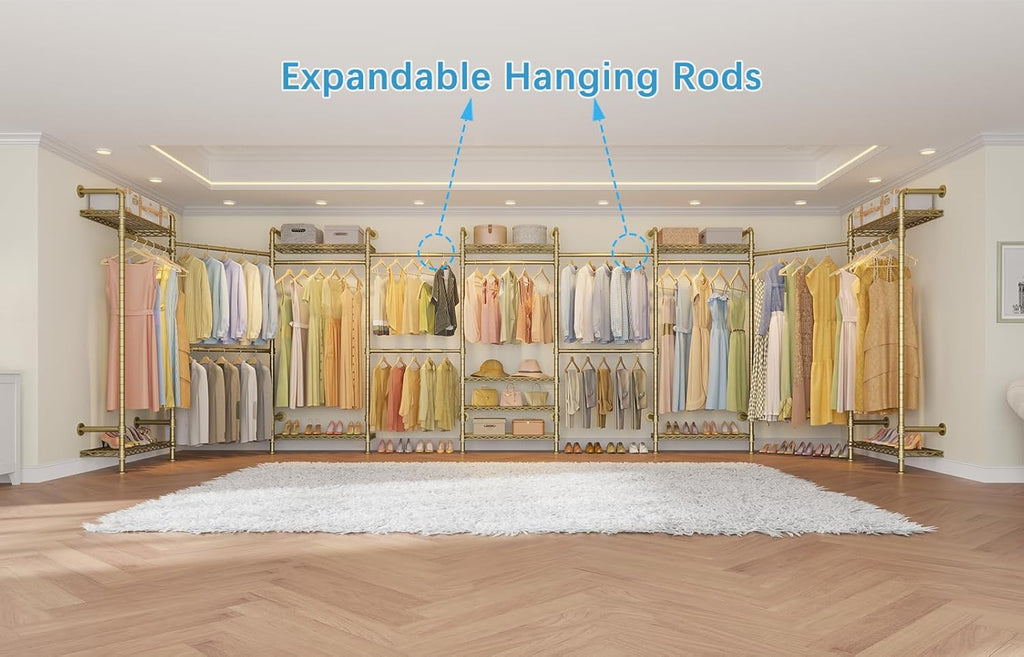 Timate L4 L Shape Garment Rack Heavy Duty for Hanging Clothes, Expandable Industrial Pipe Clothing Rack, Wall Mounted Closet Organizer Large Wardrobe Kit Corner System Gold