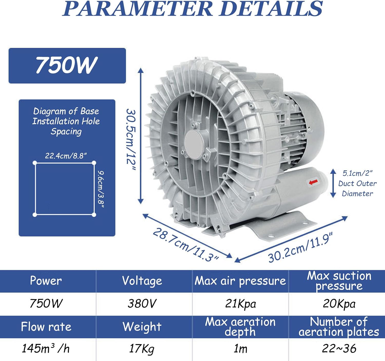 380V 50Hz Regenerative Blower - Vortex Vacuum Pump 0.5HP to 2HP, Industrial Air Pump for Sewage Aeration, 750W High-Efficiency Blower for Wastewater Treatment