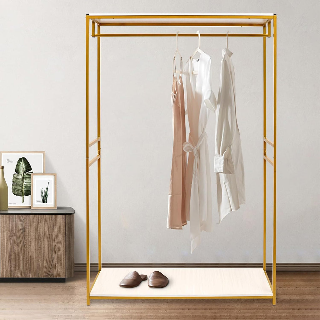 Heavy Duty Gold Clothing Rack with Shelves, Mini Closet, Freestanding Weeding Dress Retail Clothes Rack, Heavy Duty Clothing Rack with Foot Pad (47.24x17.71x74.8in)