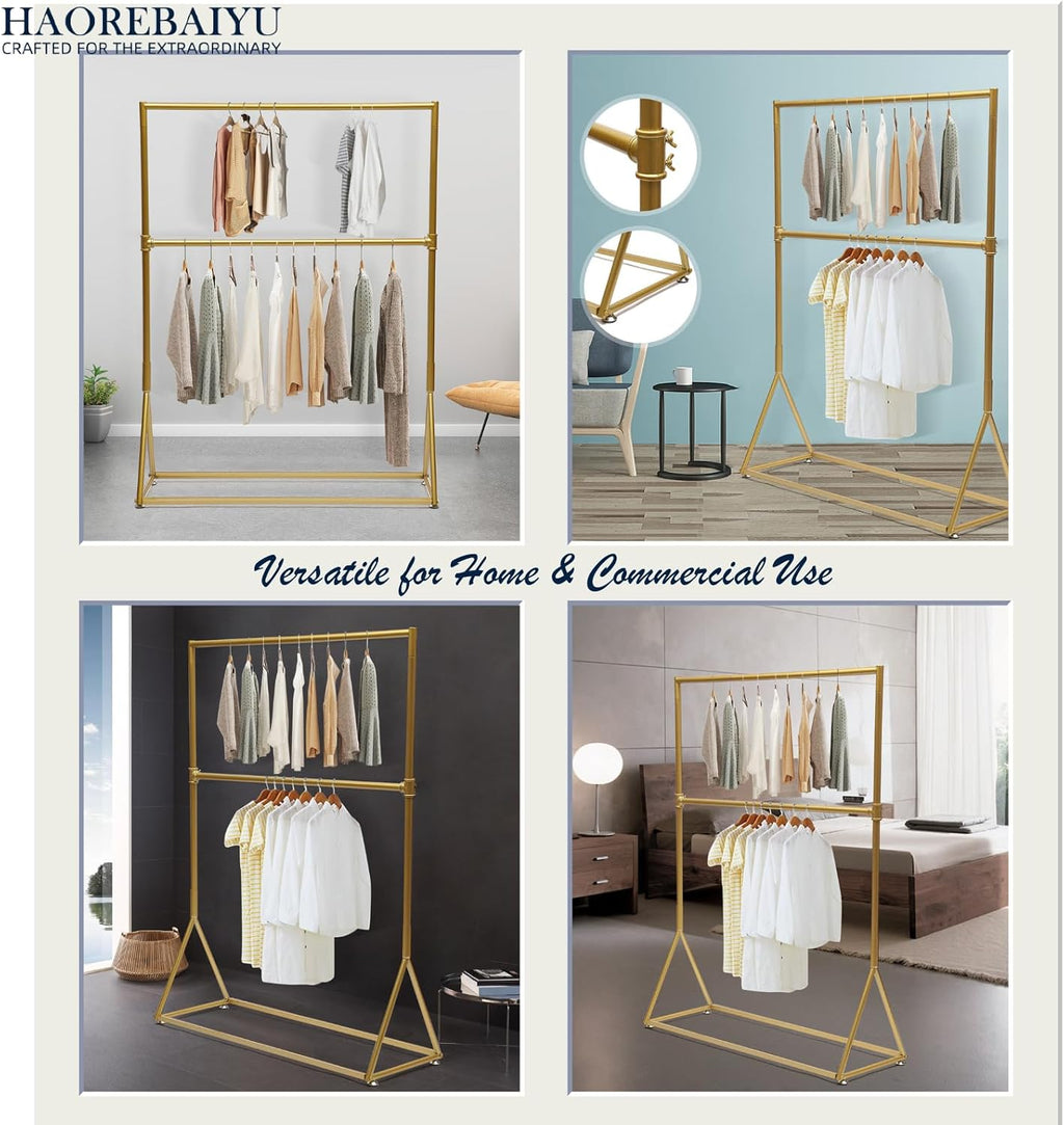 2-Tier Industrial Vintage Gold Clothes Rack, Freestanding Garment Rack with 2 Shelves, Heavy Duty Clothing Display Stand for Living Room, Bedroom, Entryway, Clothing Store (47.2x15.7x62.9 inch)