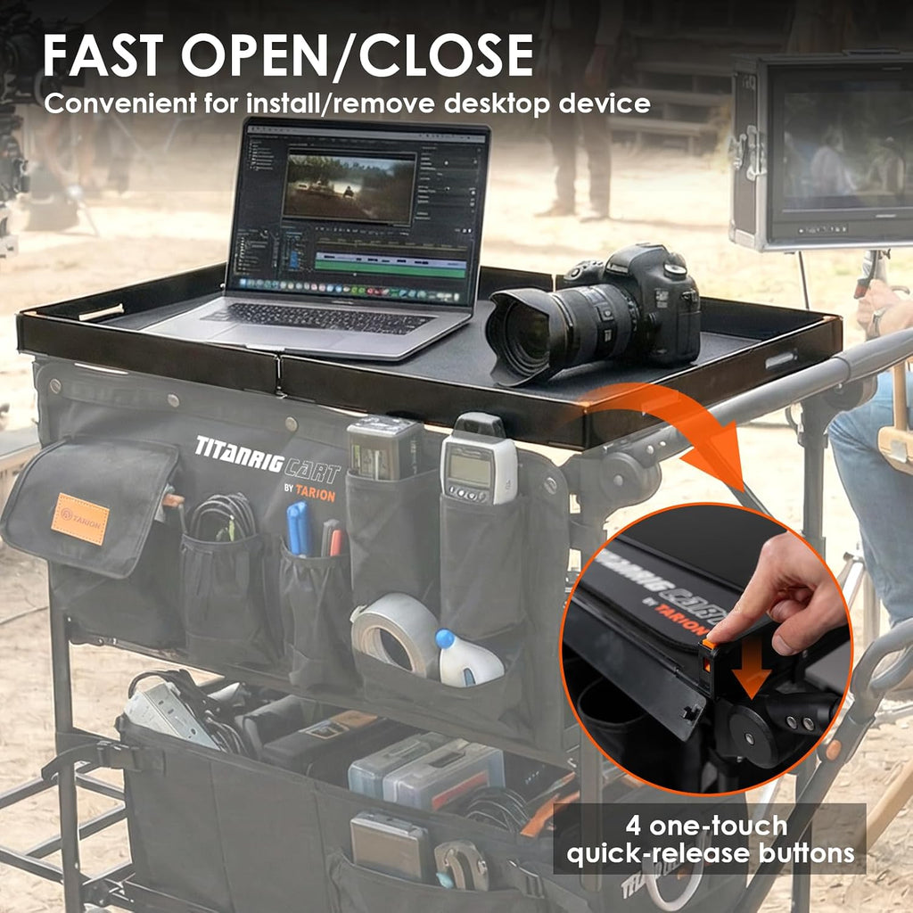 TARION Video Production Cart Accessories - Foldable Top Shelf Workstation with Mouse Pad- Upgraded with Wider Higher Laptop Platform for Titanrig Cart Base - Pro Top Shelf