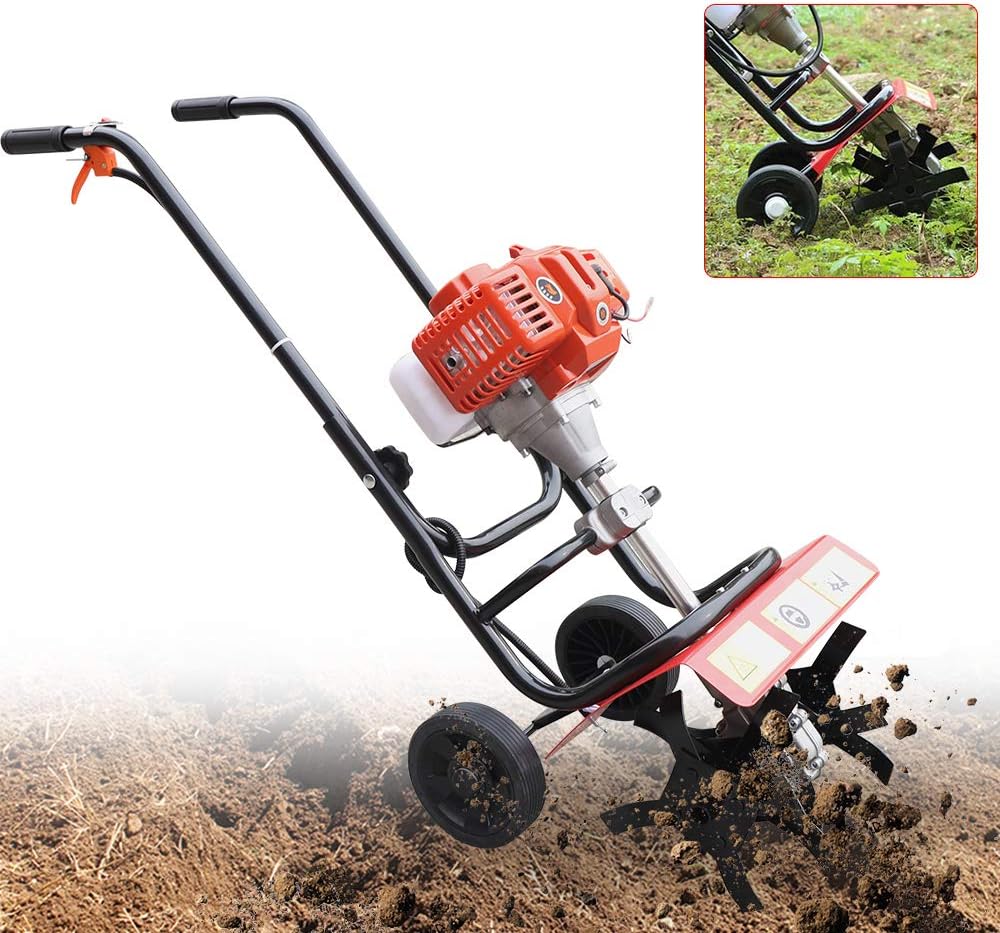 Garden Tiller Cultivator, Powerful 52cc Gas Powered Small Rototillers Air-Cooled 2 Stroke Engine Garden Yard Tilling Tool 9.5' Blade