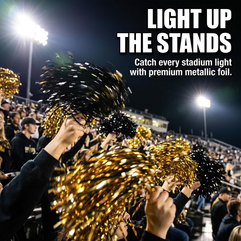 Anderson's Premium Metallic Black and Gold Foil School Spirit Shakers Cheerleader Pom Poms Sports Football Basketball Homecoming Squad Team Party Dance Club Performance Celebration Pack of 100