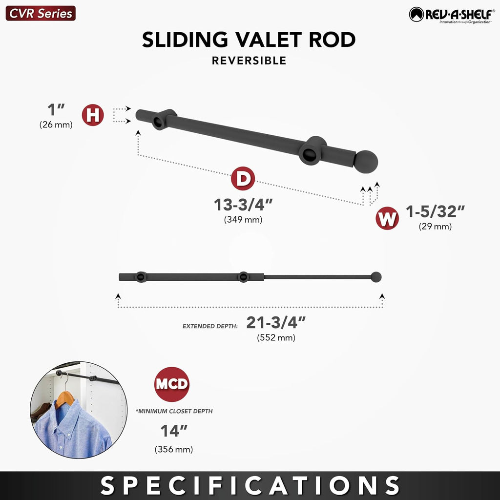 Rev-A-Shelf 14' Pull Out Valet Rod, Extendable Sliding Clothes Storage Hanging Rack with Mounting Hardware, Chrome, CVR-14-CR (4 Pack)