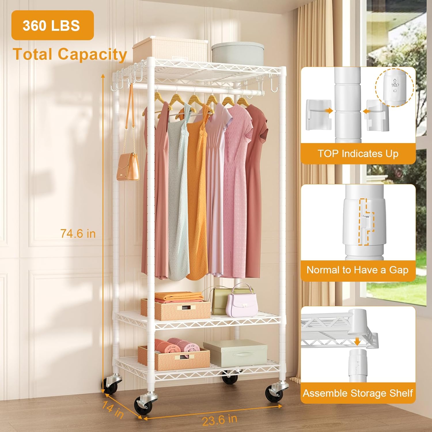 FUTASSI P3 & P6 Mini Rolling Clothes Rack White Bundle, Clothing Racks for Hanging Clothes, Freestanding Garment Rack with Wheels