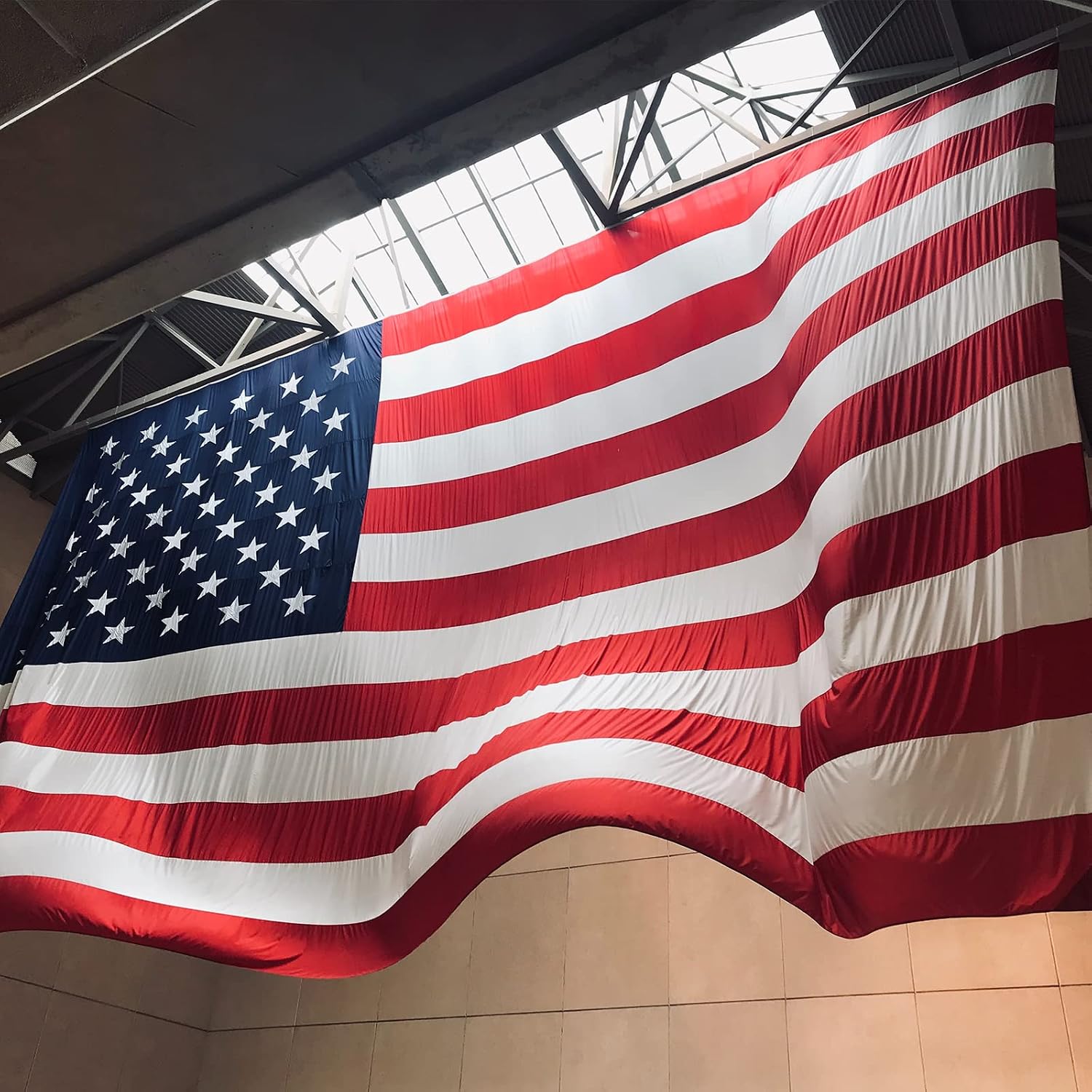 SYII American Flag 12x18 Feet Outdoor, Luxury Embroidered Stars and Roped Heading Double Stitched Sewn Stripes, Heavy Duty Polyester Huge Large US Flags with Durable Brass Grommets