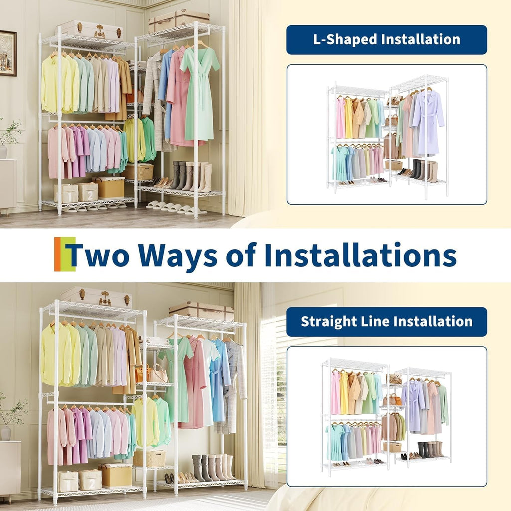 Heavy Duty L-Shaped Freestanding Clothes Rack - Portable Metal Wardrobe Organizer - 4 Hanging Rods & 7 Adjustable Shelves - 1870 lbs Capacity - Corner Closet Storage for Bedroom, Cloakroom -