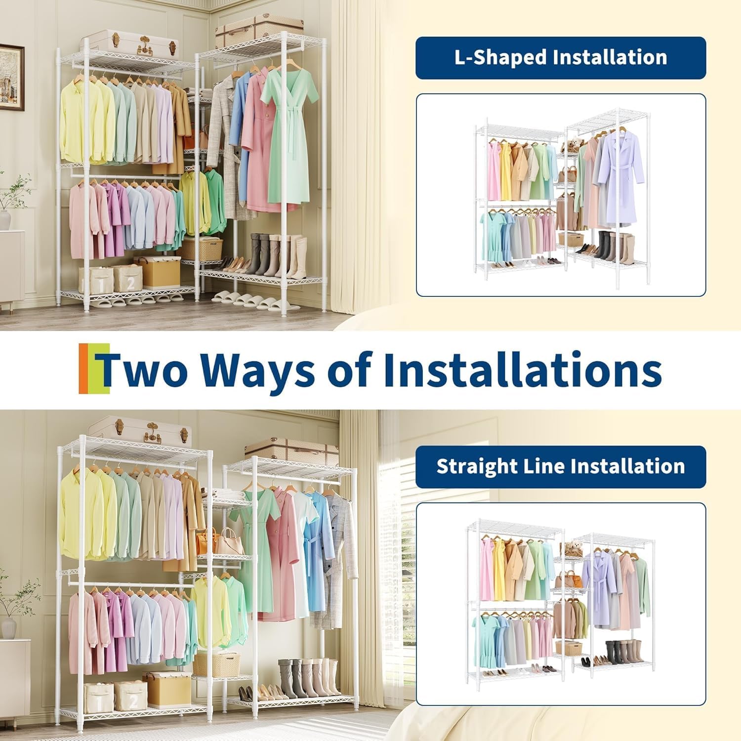 Heavy Duty L-Shaped Freestanding Clothes Rack - Portable Metal Wardrobe Organizer - 4 Hanging Rods & 7 Adjustable Shelves - 1870 lbs Capacity - Corner Closet Storage for Bedroom, Cloakroom -