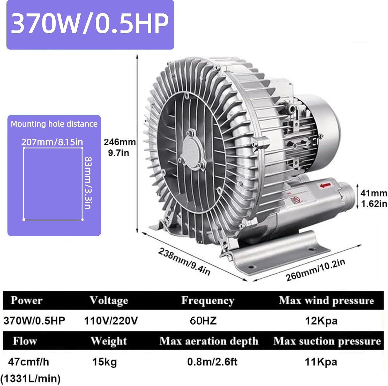 Industrial Regenerative Blower, 120W-1500W Vortex Ring Blower,110V 60Hz Single Phase Industrial Vacuum Pump,Fish Ponds Aeration Oxygenation Machine, for Workshops Pool Farms