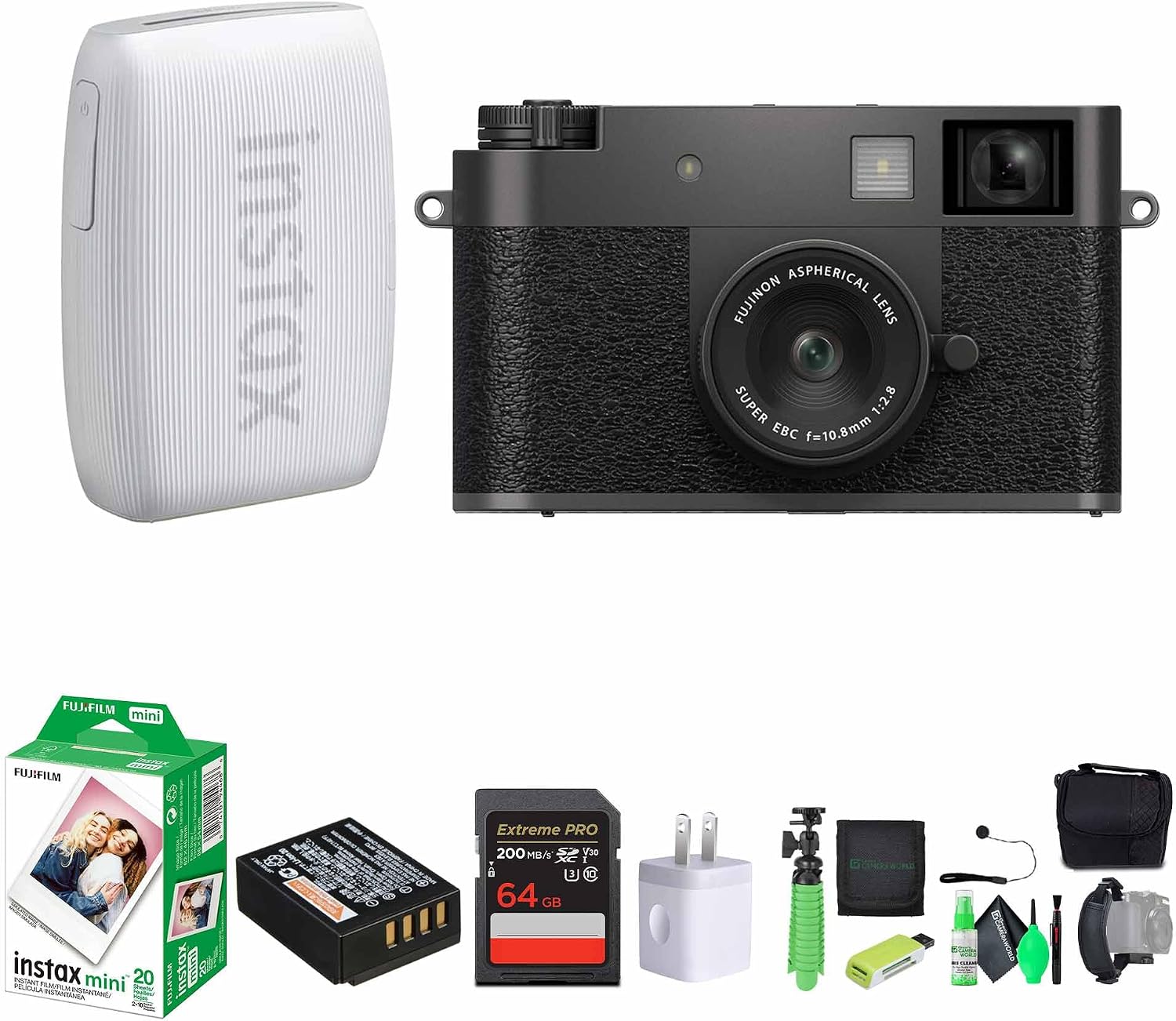 FUJIFILM X Half Premium Compact Digital Camera (Charcoal Silver) Bundle with Fuji Link 3 Smartphone Printer (Clay White) + Instax Mini Film + 64GB Memory Card + Flexible Tripod + Cleaning Kit + More