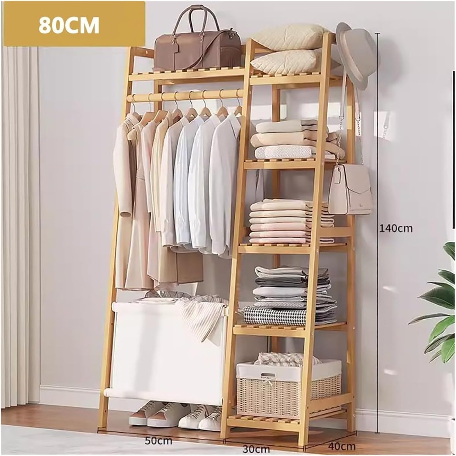 Bamboo Clothes Rack - Freestanding Garment Rack with Shelves and Shoe Storage, Clothing Rack for Hanging Clothes, Hats,for Bedroom, Closet, Office, or Dorm Organization(A,80CM)