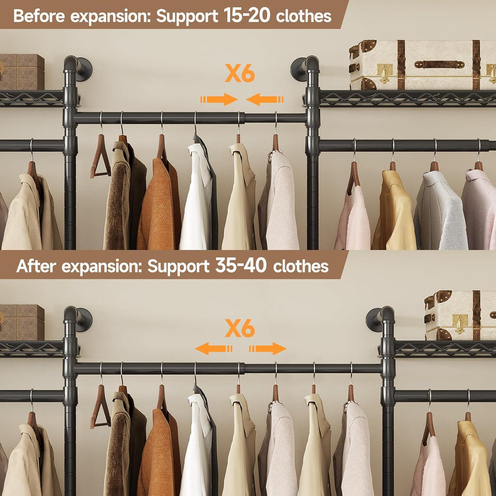 Wall Mounted Garment Rack, Industrial Pipe Clothing Rack, Closet System with 6 Expandable Rods, Walk in Closet Shelving, Clothes Organizers and Storage, Hanging Racks Wardrobe Renovation, Black